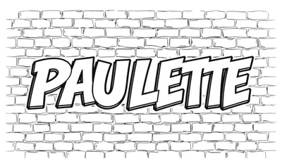 Kleurplaat met de naam PAULETTE in dikke, 3D-letters op een bakstenen muur.