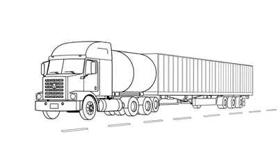 Gedetailleerde lijntekening van een vrachtwagencombinatie met een trekker, tankoplegger en gesloten oplegger rijdend op een weg met onderbroken lijnen.