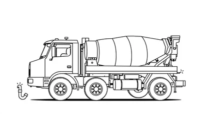 Zwart-wit lijntekening van een betonmixer vrachtwagen, gezien vanaf de zijkant, met een draaiende trommel achterop. Ernaast ligt een klein pijpje met uitwaaierende lijnen die vonken suggereren.