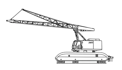 Zwart-wit lijntekening van een rupskraan, type 'JAVI', in zijaanzicht, met gedetailleerde vakwerk giek, machinistencabine, en rupsbanden.