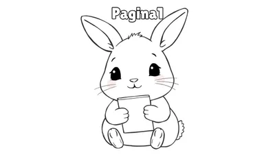 Kleurplaat van een schattig konijntje met grote ogen en lange oren, dat rechtop zit en een leeg boekje vasthoudt. Tekst 'Pagina 1' boven.
